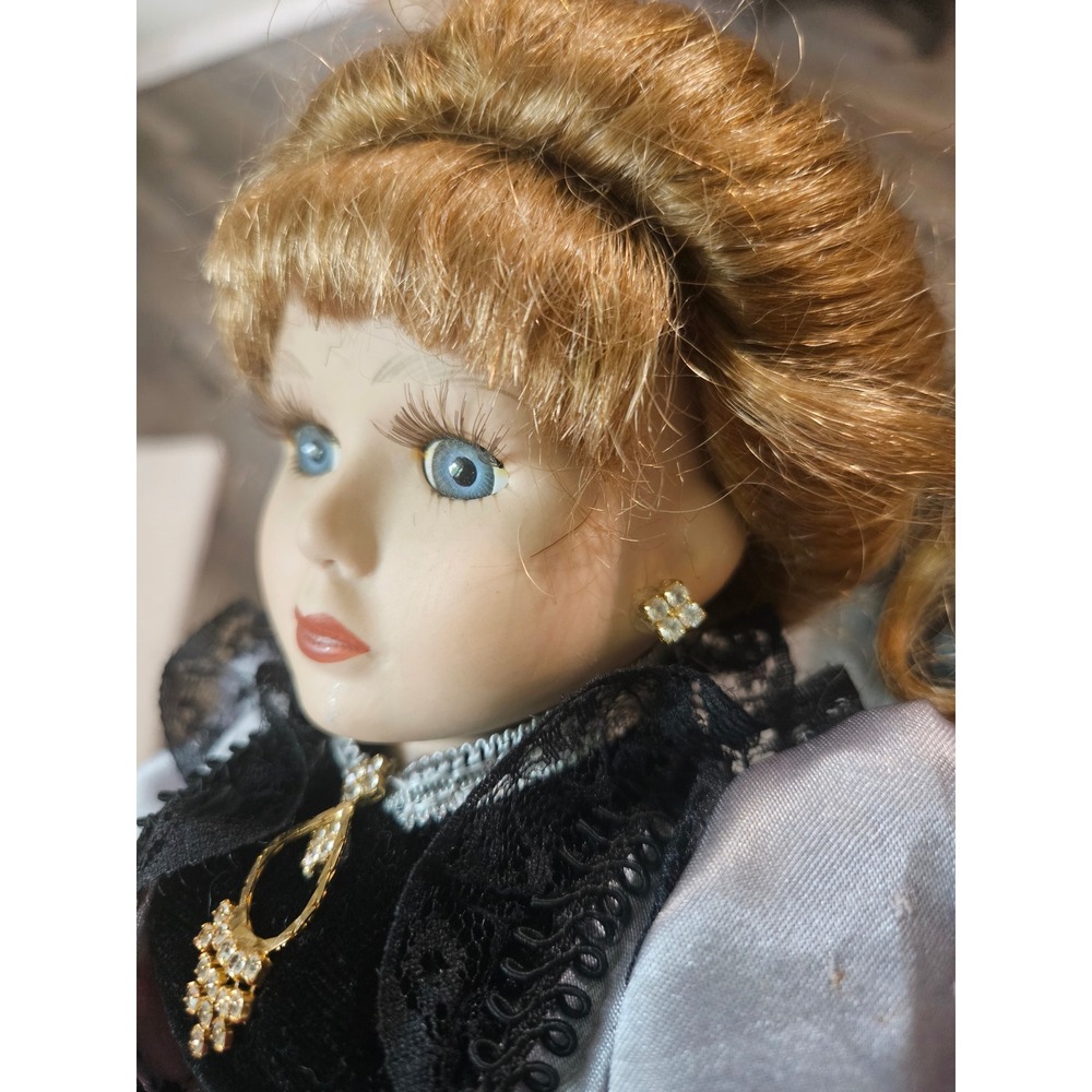 Vintage Porcelain Victorian Collector Doll Silver Satin Black Velvet Gown